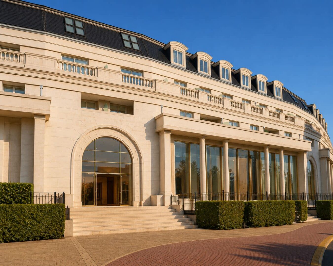 Frente de edificio de Galerías Chateau con puerta y ventanas de vidrio y columnas