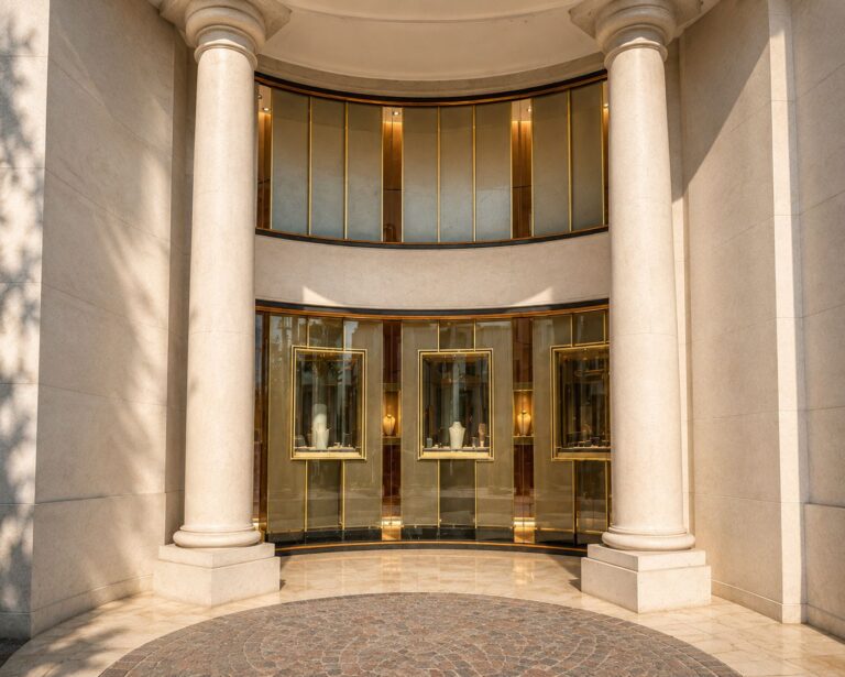 Frente de local con dos columnas con exhibición de joyas en su interior